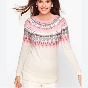 TALBOTS Cream Fair Isle Pink Icicle Size Petite Medium Fuzzy Sweater